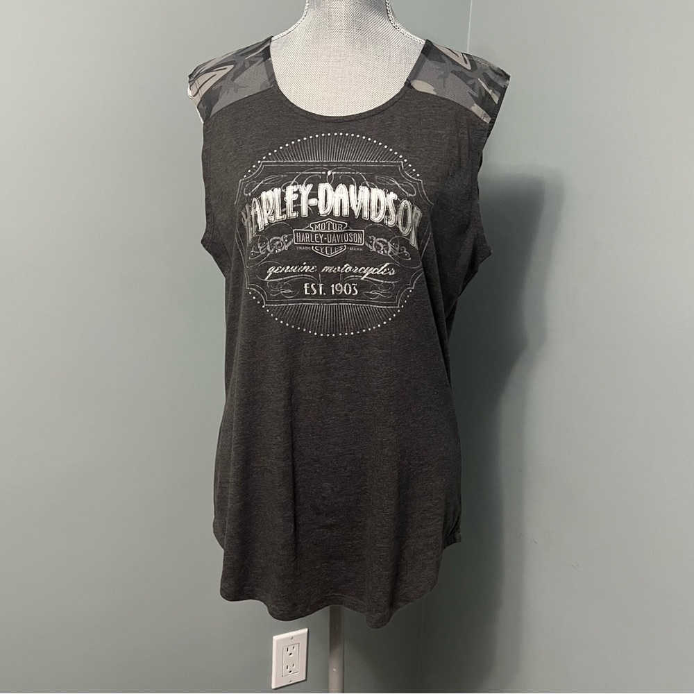 HARLEY-DAVIDSON sleeveless t-shirt women’s size large camo print sheer shirt